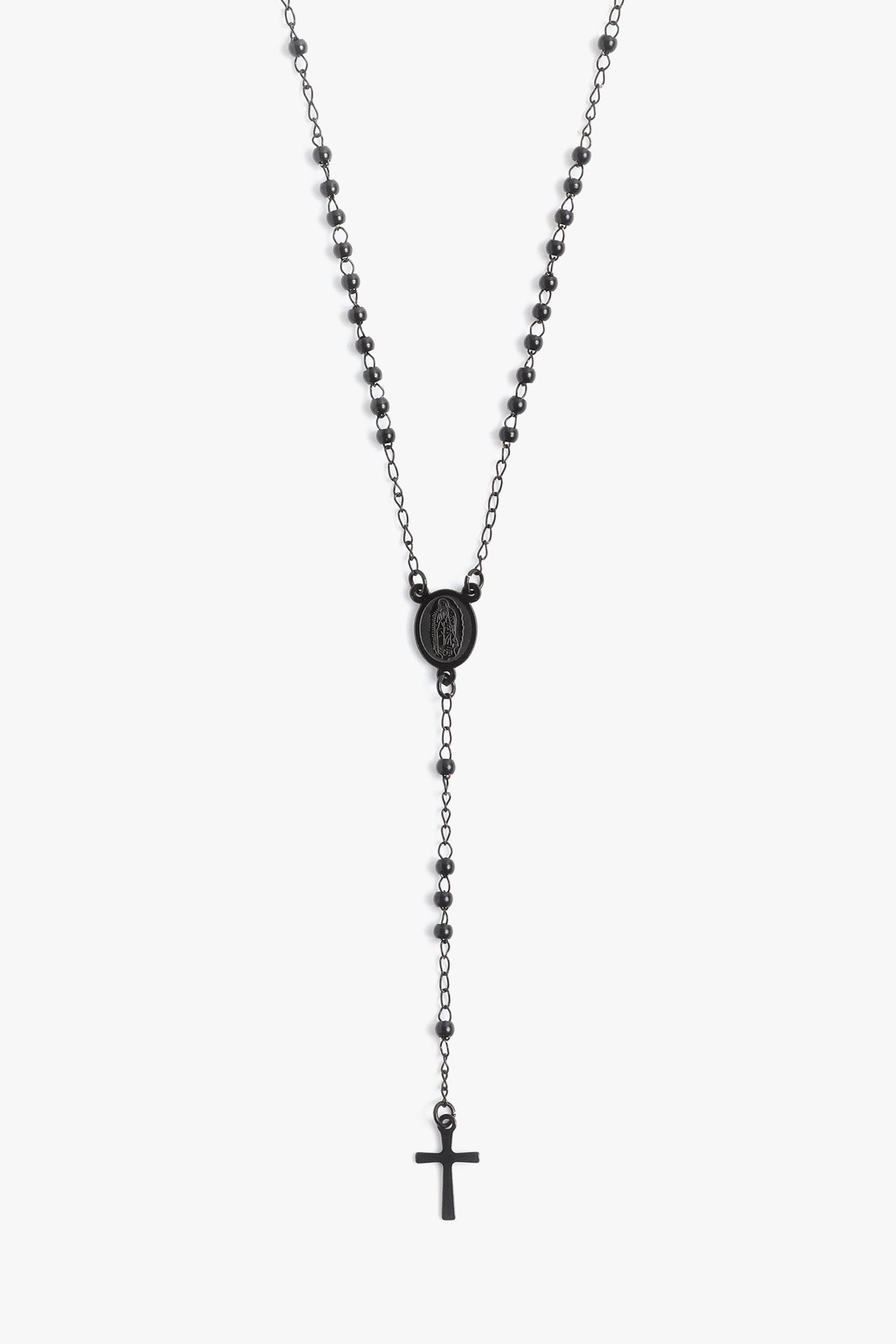 Marrin Costello Jewelry Ally Rosary functional for prayer beaded lariat with lobster clasp closure. Waterproof, sustainable, hypoallergenic. Black enamel plated stainless steel.