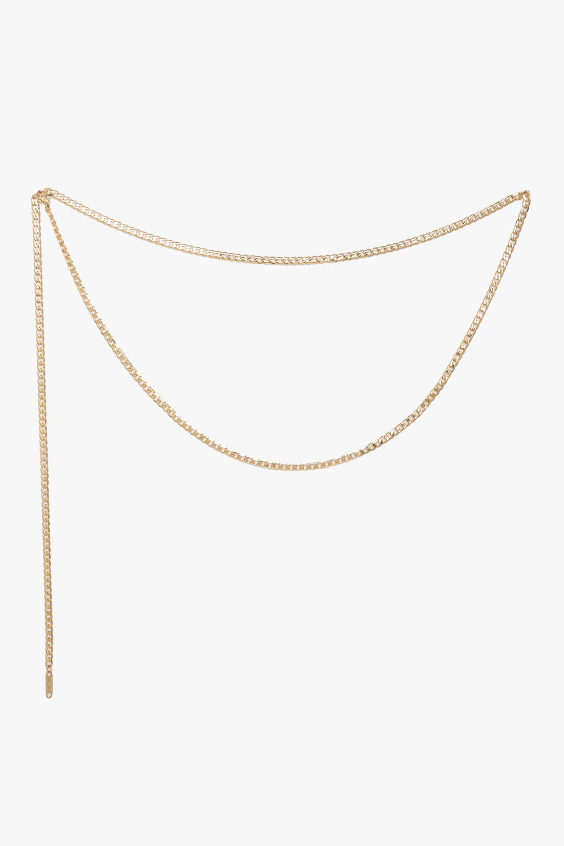 Marrin Costello Jewelry Callie Belt 40 inch small cuban link chain with lobster clasp closure.Waterproof, sustainable, hypoallergenic. 14k gold plated stainless steel.