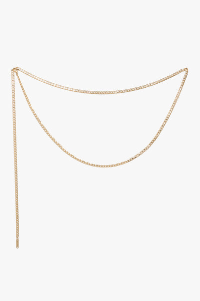 Marrin Costello Jewelry Callie Belt 40 inch small cuban link chain with lobster clasp closure.Waterproof, sustainable, hypoallergenic. 14k gold plated stainless steel.