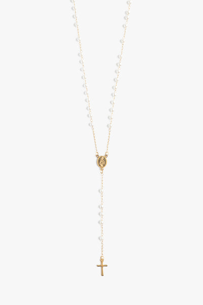 Marrin Costello Jewelry Estelle Rosary with pearls as functional prayer beads with lobster clasp closure and lariat drop. Waterproof, sustainable, hypoallergenic. 14k gold plated stainless steel.