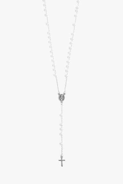 Marrin Costello Jewelry Estelle Rosary with pearls as functional prayer beads with lobster clasp closure and lariat drop. Waterproof, sustainable, hypoallergenic. Polished stainless steel.
