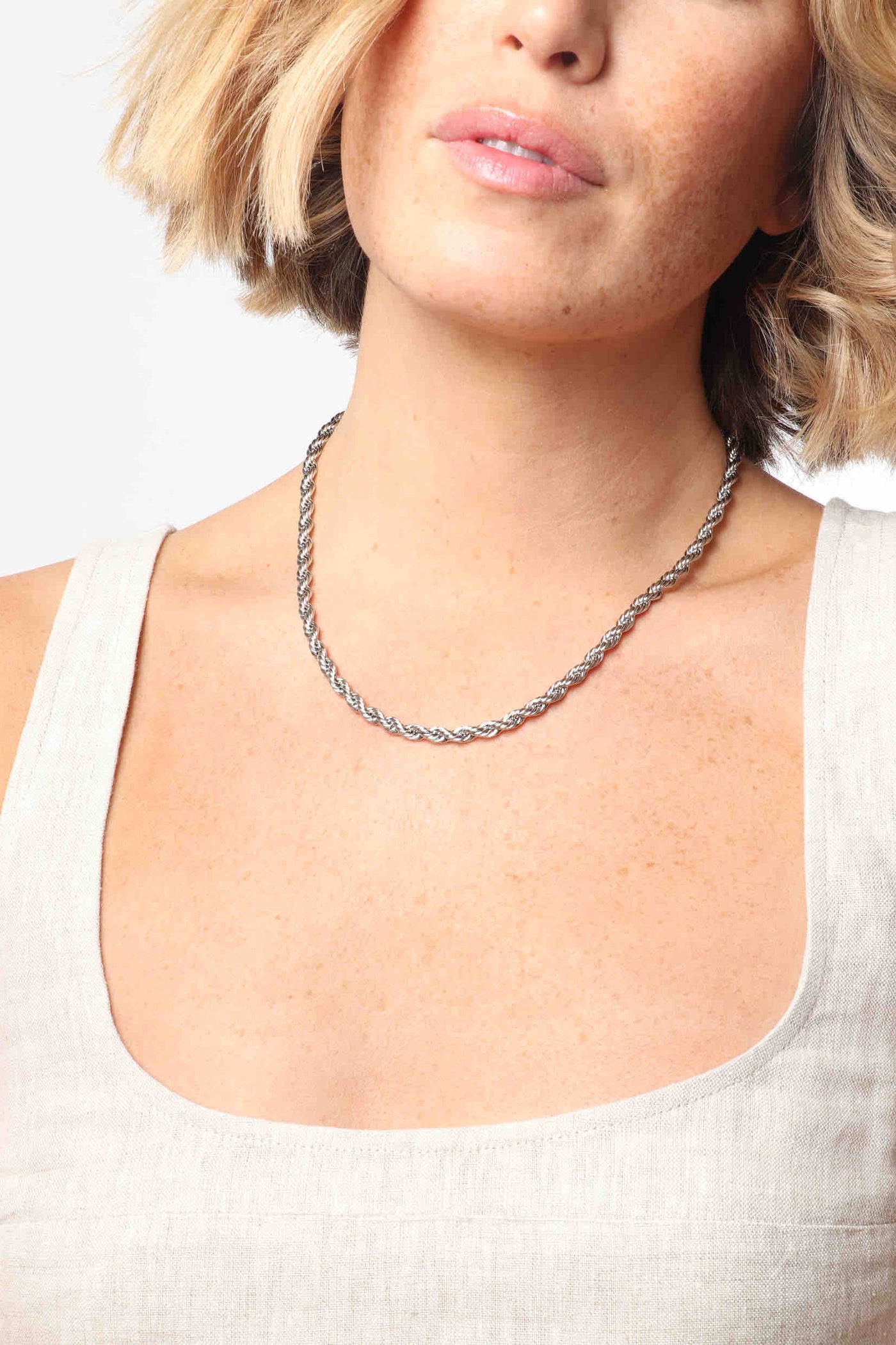 Marrin Costello wearing Marrin Costello Jewelry Helix 5mm Chain thick rope twist chain with lobster clasp closure and extender. Waterproof, sustainable, hypoallergenic. Polished stainless steel.