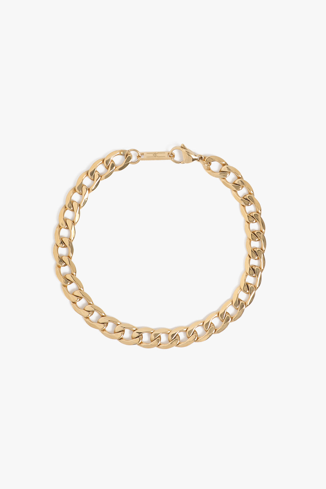 Marrin Costello Jewelry Kings Anklet flat cuban link chain bracelet with lobster clasp closure. Waterproof, sustainable, hypoallergenic. 14k gold plated stainless steel.