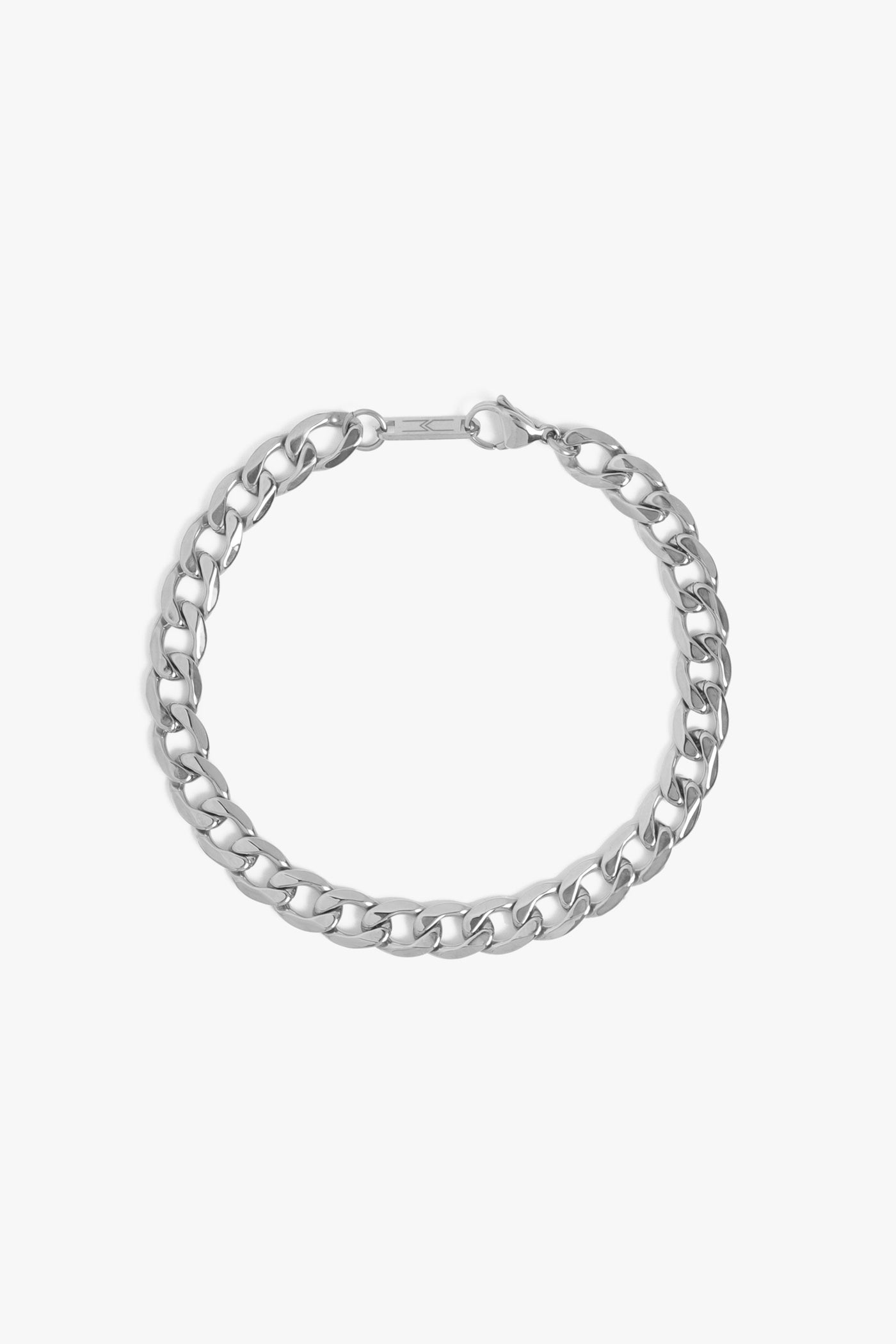 Marrin Costello Jewelry Kings Anklet flat cuban link chain bracelet with lobster clasp closure. Waterproof, sustainable, hypoallergenic. Polished stainless steel.