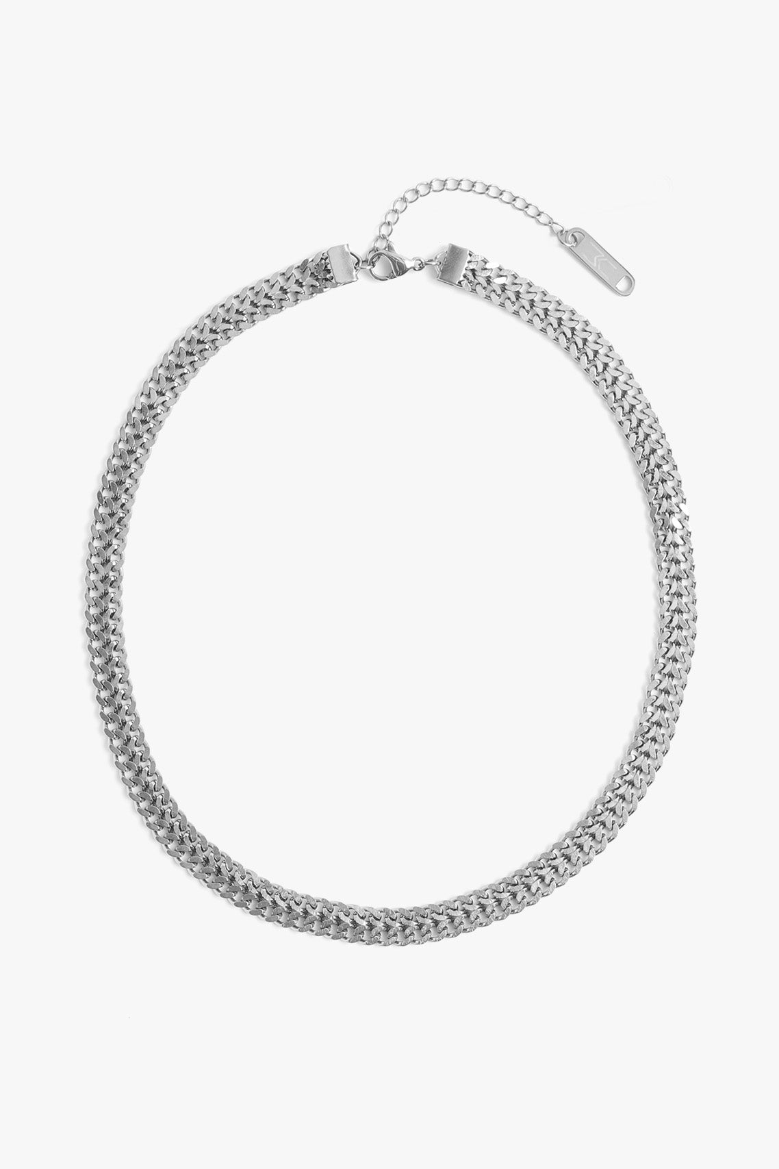 Marrin Costello Jewelry Lattice Choker woven chain edgy necklace with lobster clasp closure and extender. Waterproof, sustainable, hypoallergenic. Polished stainless steel.