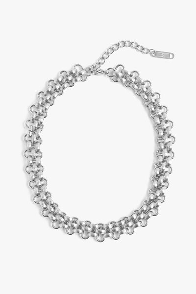 Marrin Costello Jewelry Lattice XL Choker woven chain bohemian statement piece with lobster clasp closure and extender. Waterproof, sustainable, hypoallergenic. Polished stainless steel.