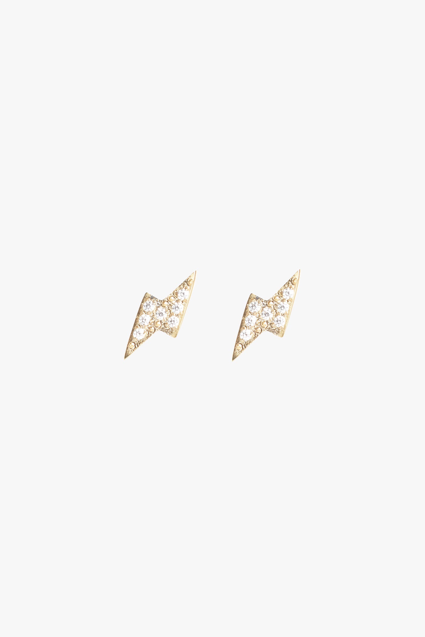 Marrin Costello Jewelry Bolt Studs lightning bolt CZ post back earrings — for pierced ears. Waterproof, sustainable, hypoallergenic. 14k gold plated stainless steel.