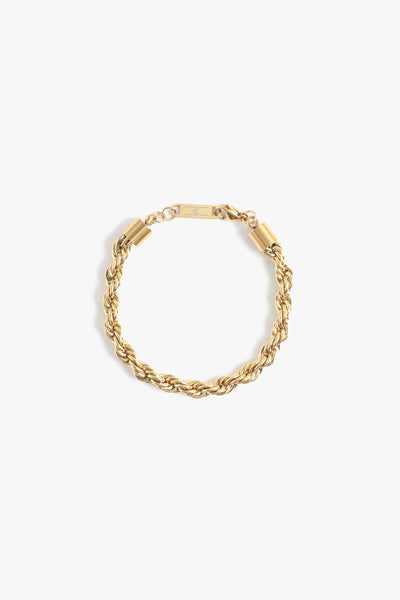 Marrin Costello Jewelry Helix 5mm rope twist chain bracelet with lobster clasp closure. Waterproof, sustainable, hypoallergenic. 14k gold plated stainless steel.