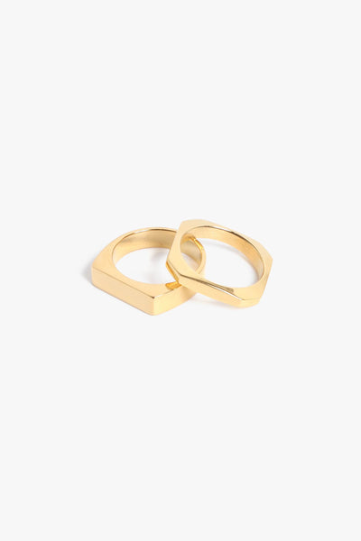Marrin Costello Jewelry Hendrix Stack geometric signet and quad 2 for 1 ring. Available in sizes 6, 7, 8. Waterproof, sustainable, hypoallergenic. 14k gold plated stainless steel.