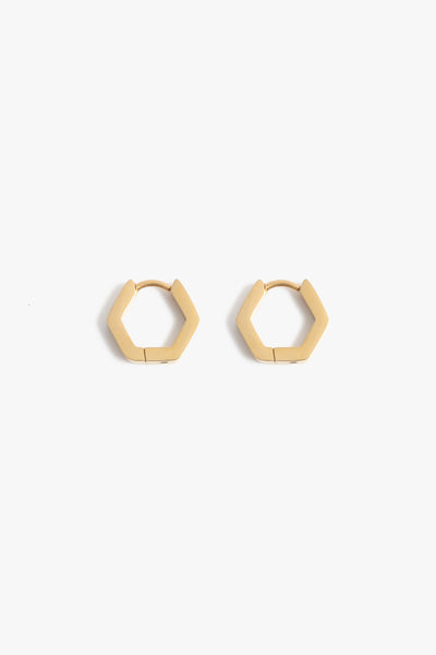 Marrin Costello Jewelry Hex Huggies hexagon geometric click tension hinge small hoop earrings — for pierced ears. Waterproof, sustainable, hypoallergenic. 14k gold plated stainless steel.