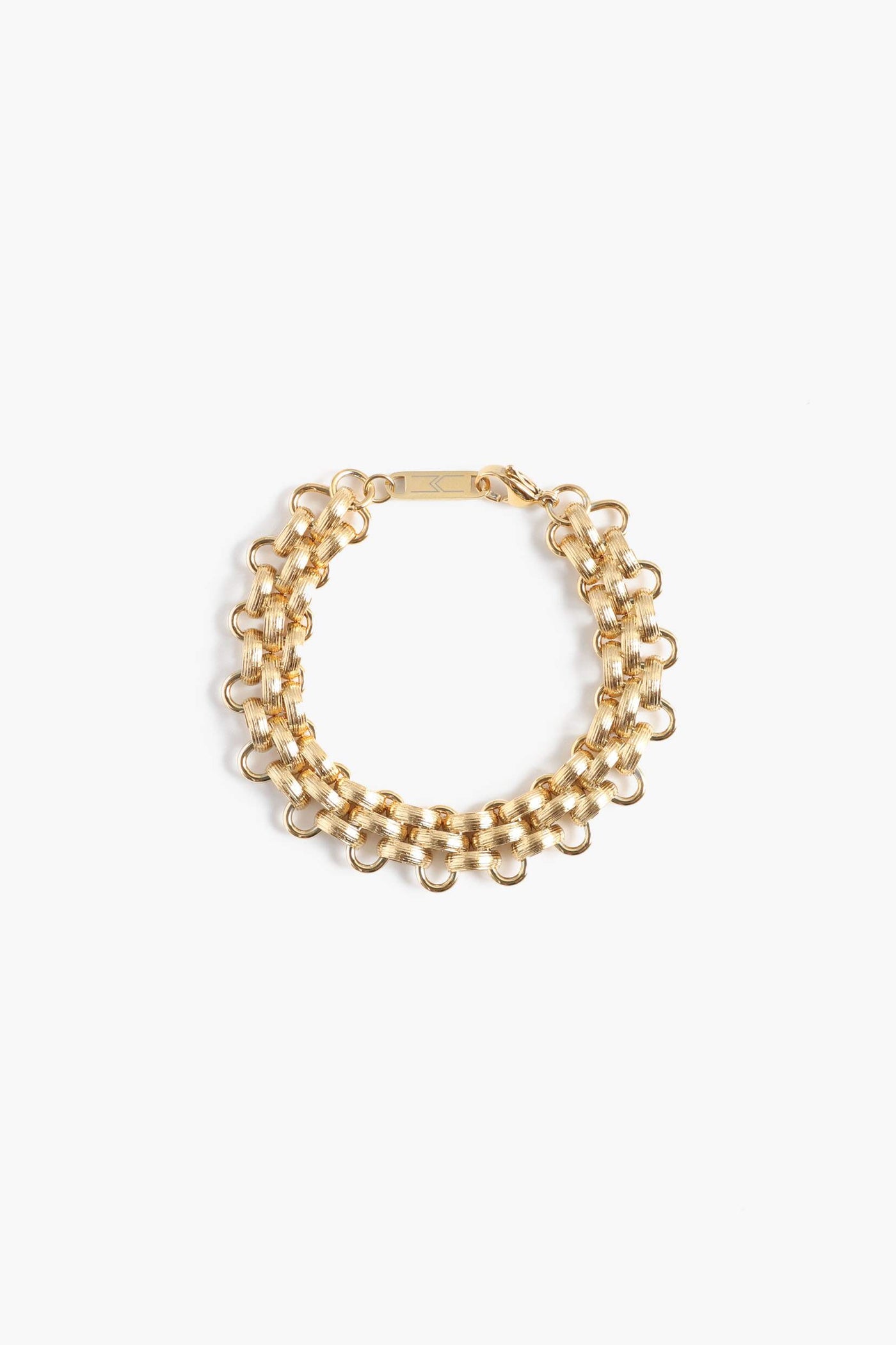 Marrin Costello Jewelry Lattice XL Bracelet woven chain bracelet with lobster clasp closure. Waterproof, sustainable, hypoallergenic. 14k gold plated stainless steel.