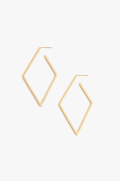 Marrin Costello Jewelry Maverick Hoops geometric diamond shaped post back earrings — for pierced ears. Waterproof, sustainable, hypoallergenic. 14k gold plated stainless steel.