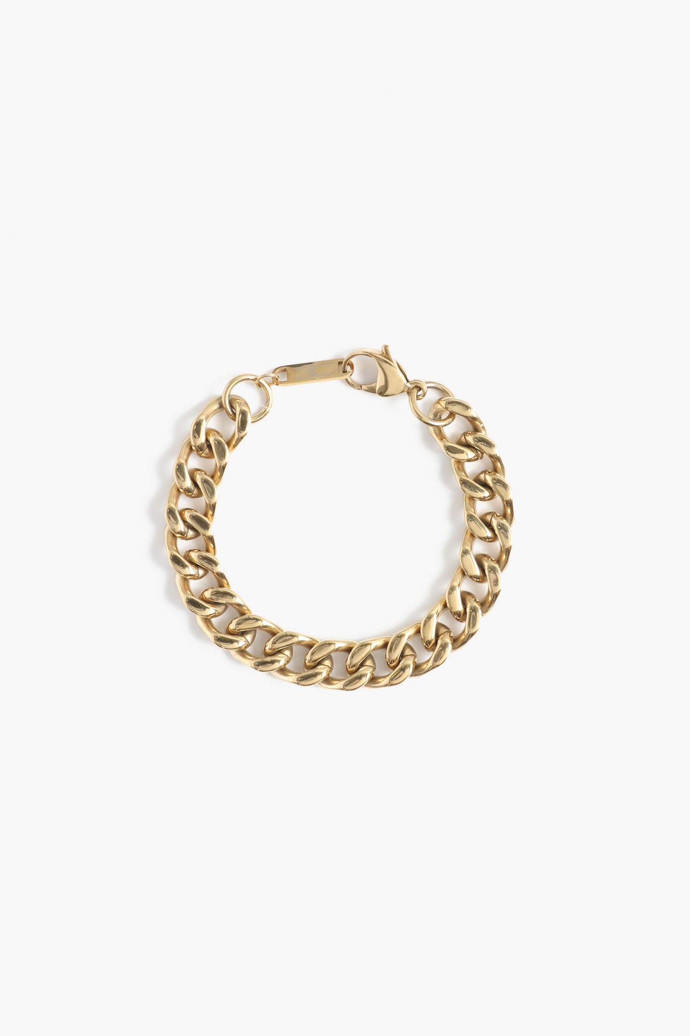 Marrin Costello Jewelry Queens Cuban Link chain bracelet with lobster clasp closure. Waterproof, sustainable, hypoallergenic. 14k gold plated stainless steel.