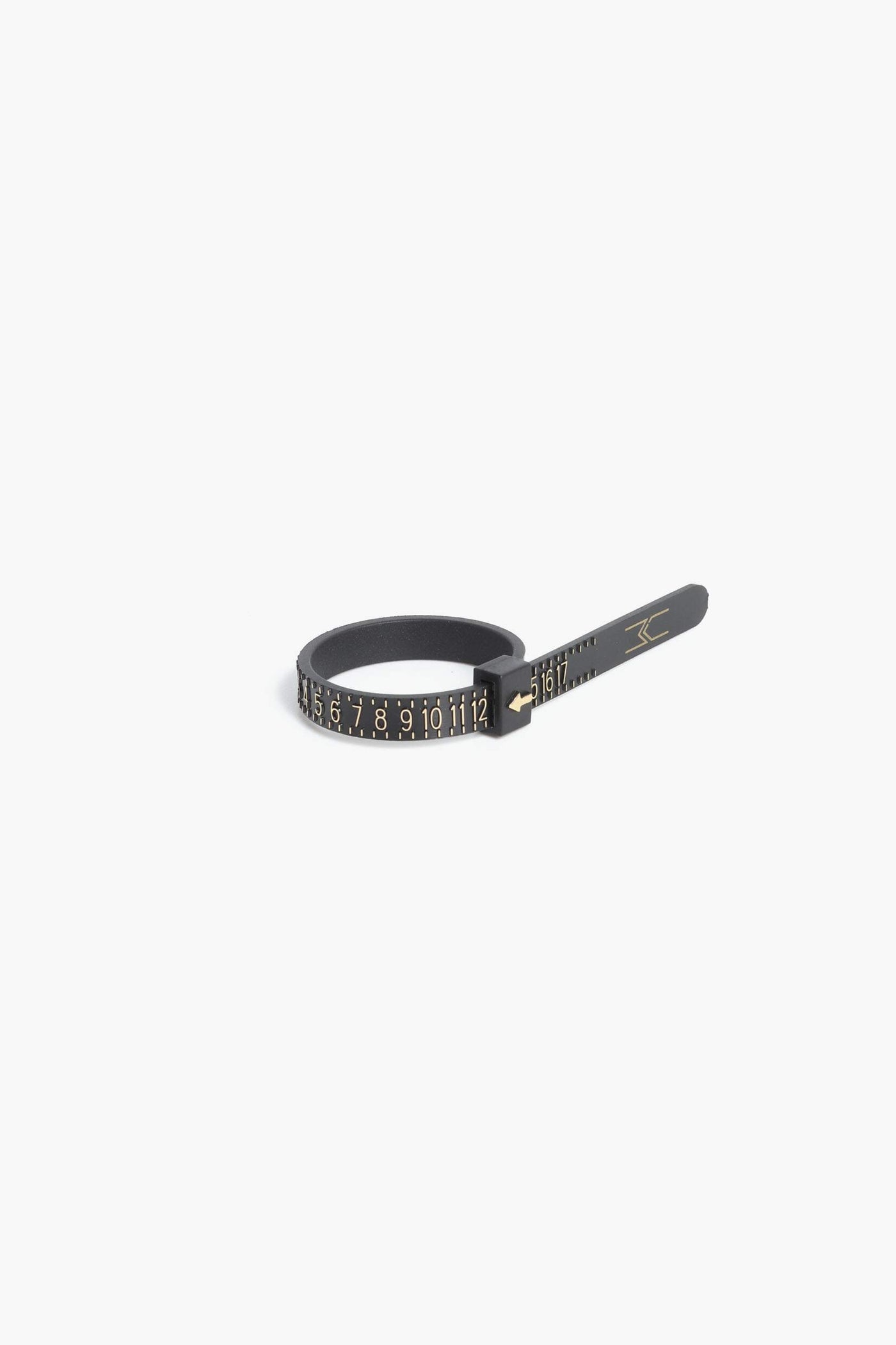 Marrin Costello Jewelry custom ring sizer, a black reusable zip tie, with ring sizes. To use: wrap around your finger until its comfortable. Your ring size is what the arrow is pointing to! Perfect for ordering rings online.