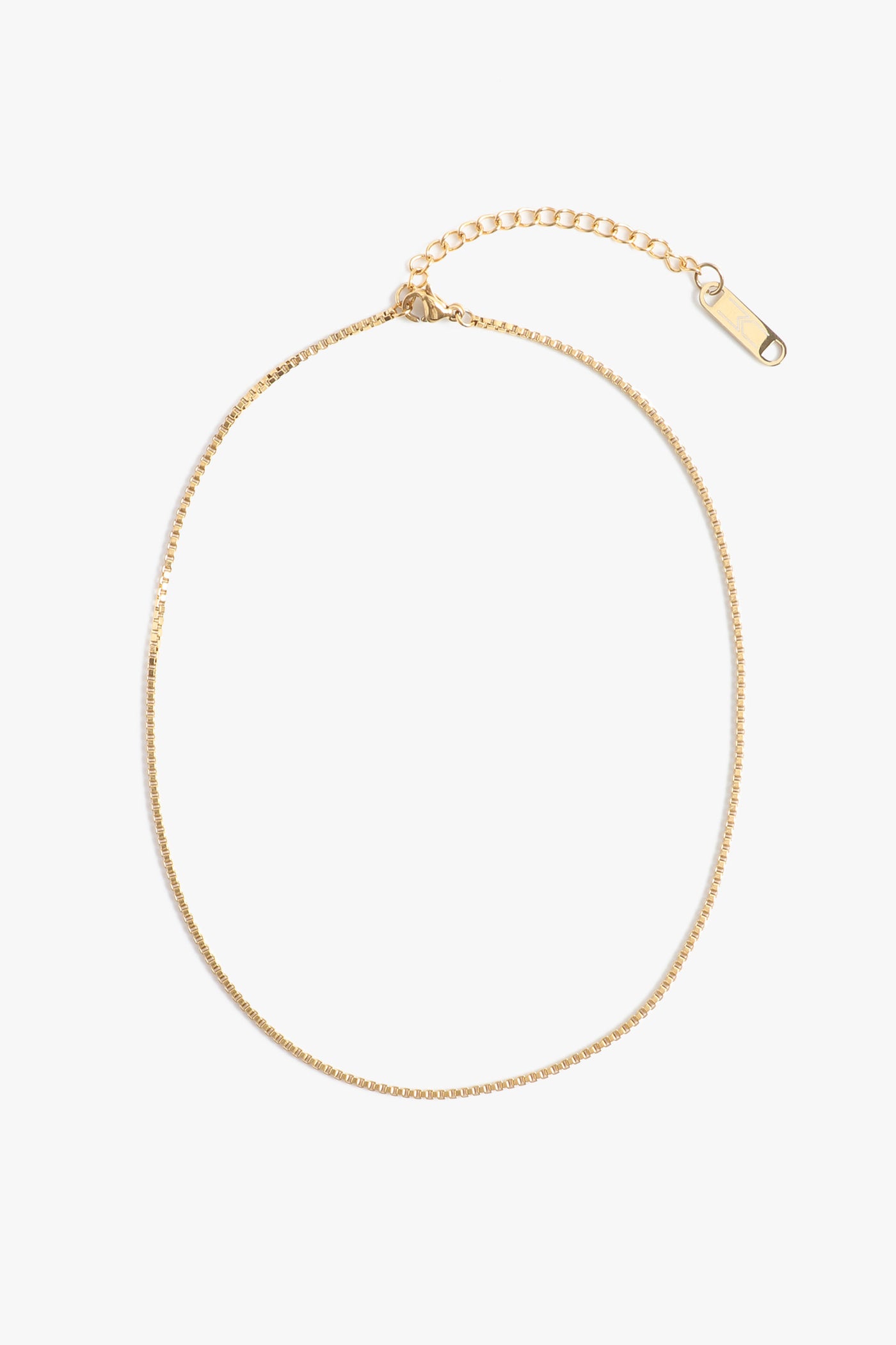 Marrin Costello Jewelry Nile Choker delicate dainty box link chain with lobster clasp closure and extender. Waterproof, sustainable, hypoallergenic. 14k gold plated stainless steel.