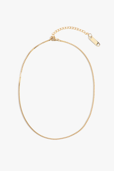 Marrin Costello Jewelry Nile Choker delicate dainty box link chain with lobster clasp closure and extender. Waterproof, sustainable, hypoallergenic. 14k gold plated stainless steel.