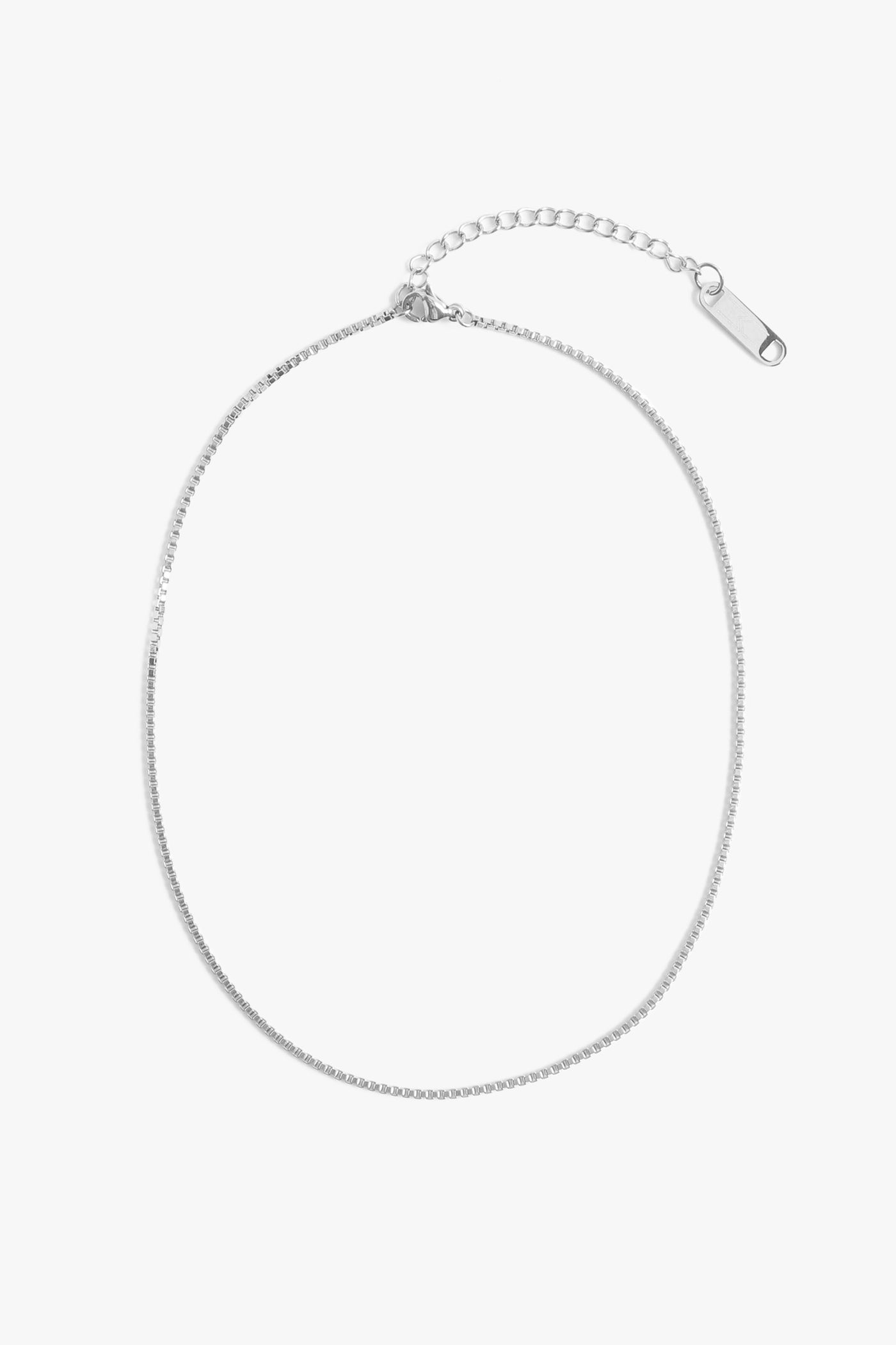 Marrin Costello Jewelry Nile Choker delicate dainty box link chain with lobster clasp closure and extender. Waterproof, sustainable, hypoallergenic. Polished stainless steel.