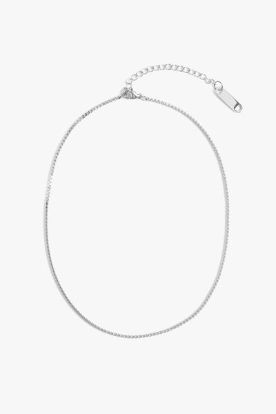 Marrin Costello Jewelry Nile Choker delicate dainty box link chain with lobster clasp closure and extender. Waterproof, sustainable, hypoallergenic. Polished stainless steel.