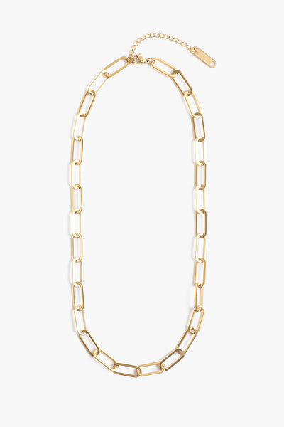 Marrin Costello Jewelry Ochse Chain paperclip chain necklace with lobster clasp closure and extender. Waterproof, sustainable, hypoallergenic. 14k gold plated stainless steel.