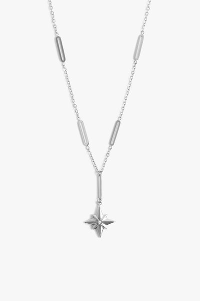 Marrin Costello Jewelry Orion Lariat drop neckalce with star pendant, lobster clasp closure and extender. Waterproof, sustainable, hypoallergenic. Polished stainless steel.