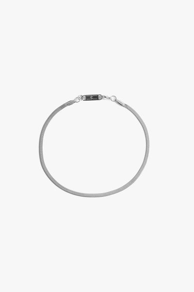 Marrin Costello Jewelry 3mm herringbone snake chain anklet with lobster clasp closure. Waterproof, sustainable, hypoallergenic. Polished stainless steel.