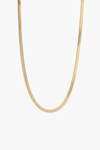 Marrin Costello Jewelry Ramsey Chain 5mm thick snake herringbone chain with lobster clasp closure and extender. Waterproof, sustainable, hypoallergenic. 14k gold plated stainless steel.