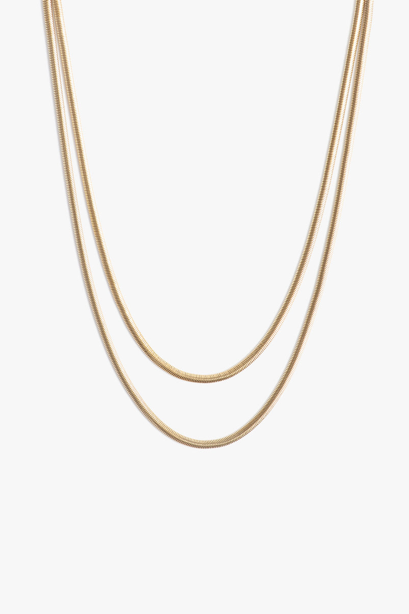 Marrin Costello Jewelry Ramsey Layers snake herringbone chain layered together 2 in 1 necklace with lobster clasp closure and extender. Waterproof, sustainable, hypoallergenic. 14k gold plated stainless steel.