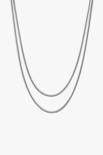Marrin Costello Jewelry Ramsey Layers snake herringbone chain layered together 2 in 1 necklace with lobster clasp closure and extender. Waterproof, sustainable, hypoallergenic. Polished stainless steel.